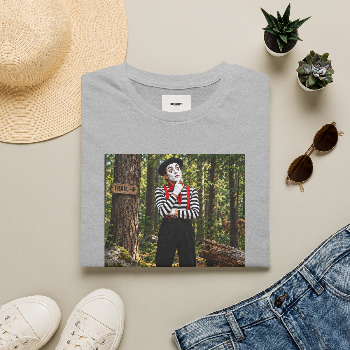 Mime in the Woods T-Shirt — “If a mime falls in the woods…” Casual Graphic Tee