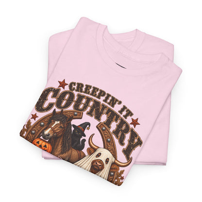 Country Halloween Tee — "Keepin' It Country Boo Y'all" Farm Animal Pumpkin T-Shirt