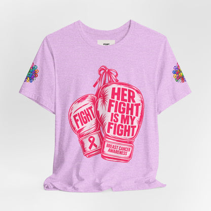 Breast Cancer Awareness Tee – “Her Fight Is My Fight” Boxing Gloves T-Shirt