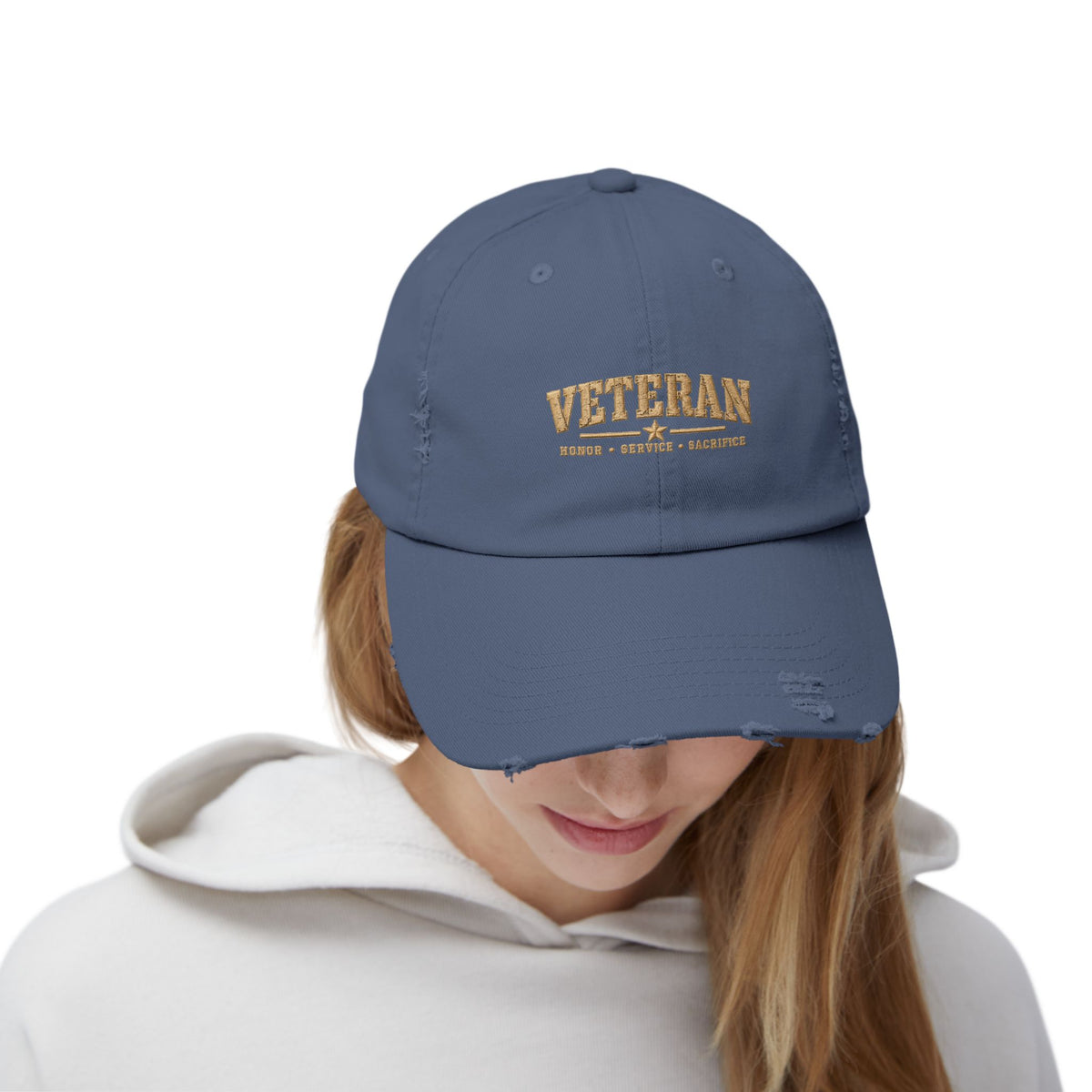 Veteran Distressed Cap — Honor Courage Sacrifice Embroidered Hat