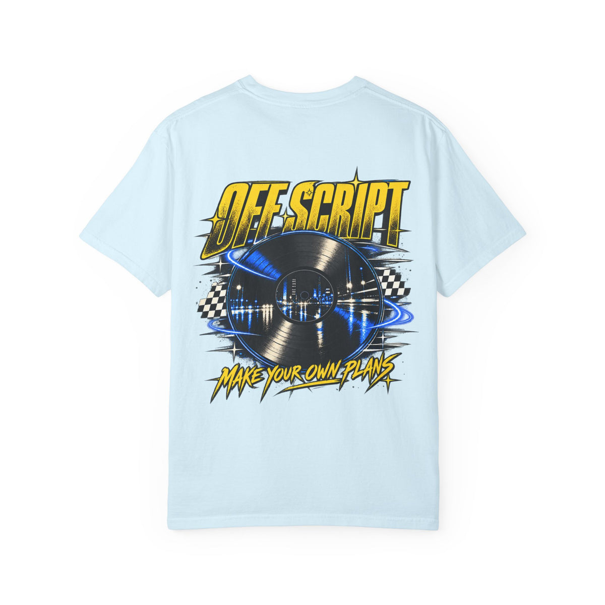T-Shirt — Off Script Vinyl Graphic Tee: "Make Your Own Plans" Retro Racing Design