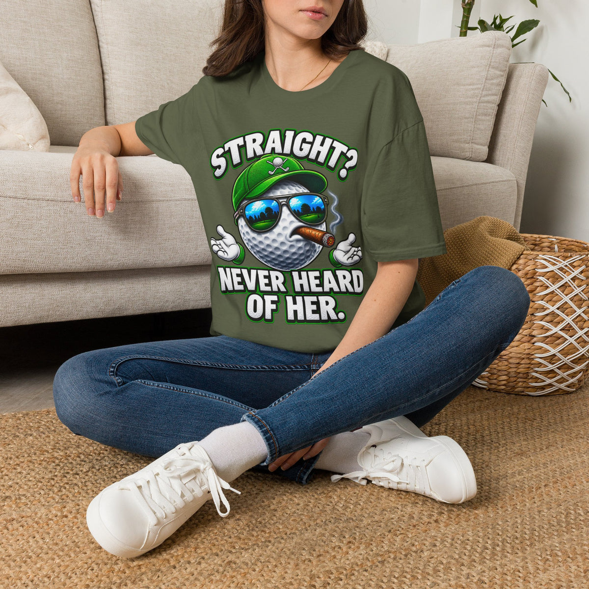 Golf Ball Graphic T-Shirt — "Straight? Never Heard of Her." Funny Golf Shirt
