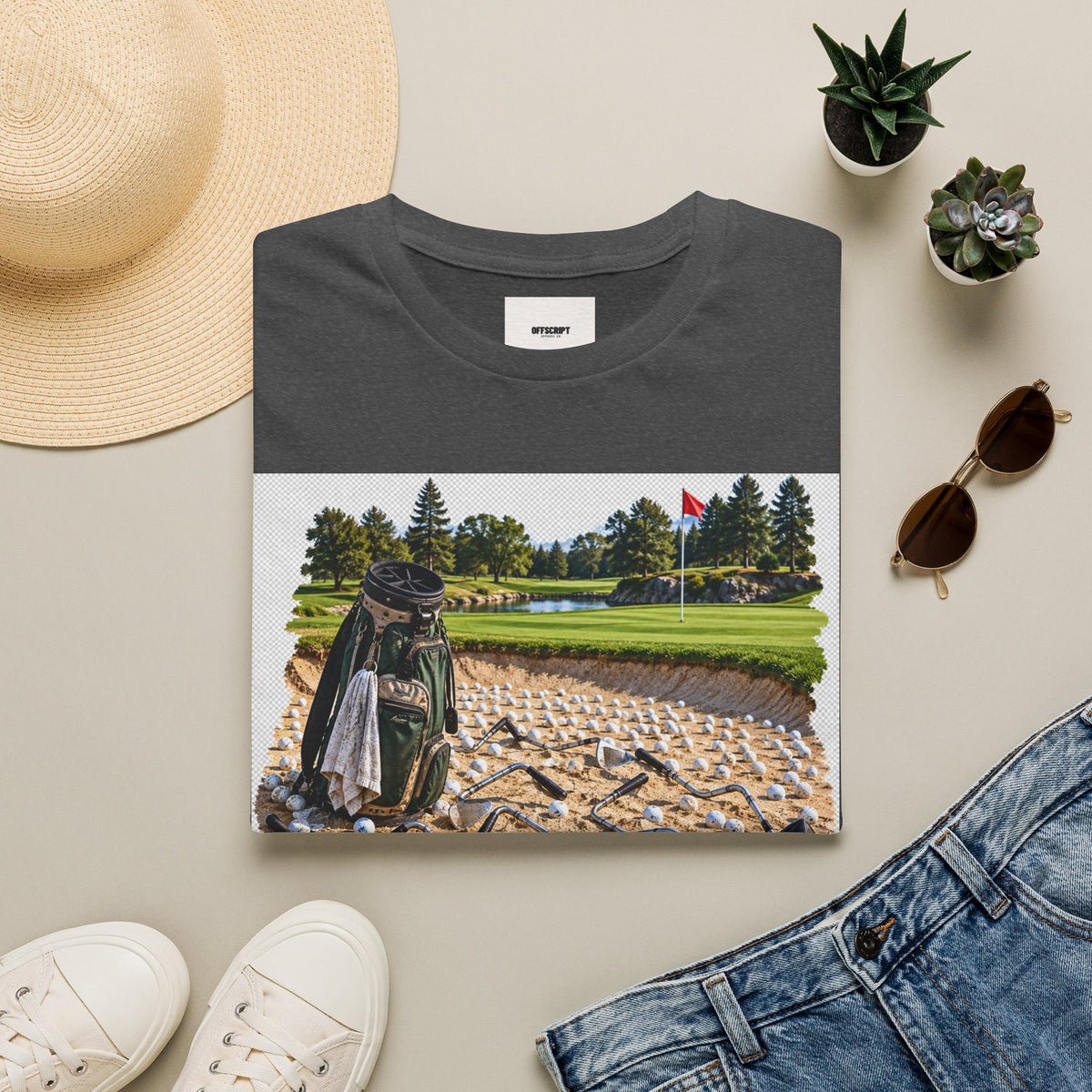 Golf Bunker Scene T-Shirt — "How Many People Live & Work In Dunes" Graphic Tee