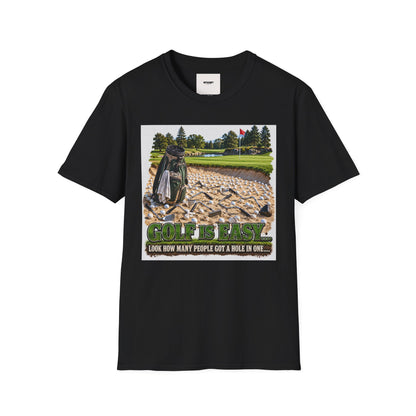 Golf Bunker Scene T-Shirt — "How Many People Live & Work In Dunes" Graphic Tee