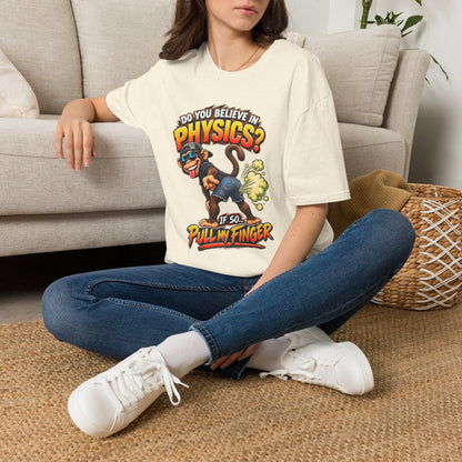 Physics Joke T-Shirt — "Do You Believe in Physics?" Monkey Pull My Finger Graphic Tee