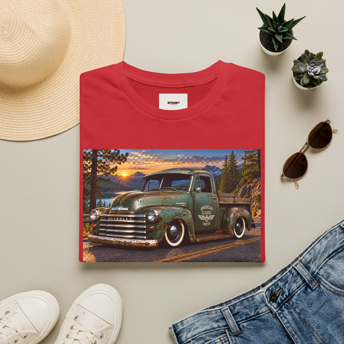 Vintage Green Pickup Truck T-Shirt — Retro Rustic Sunset Road Tee