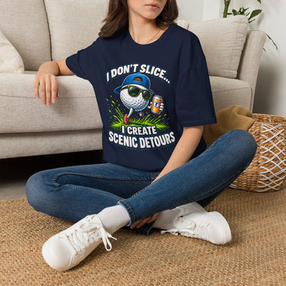 Golf T-Shirt — "I Don't Slice... I Create Scenic Detours" Funny Golfer Tee
