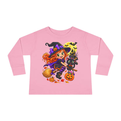 Toddler Halloween Witch Long Sleeve Tee — Cute Witch & Black Cat Pumpkin Design