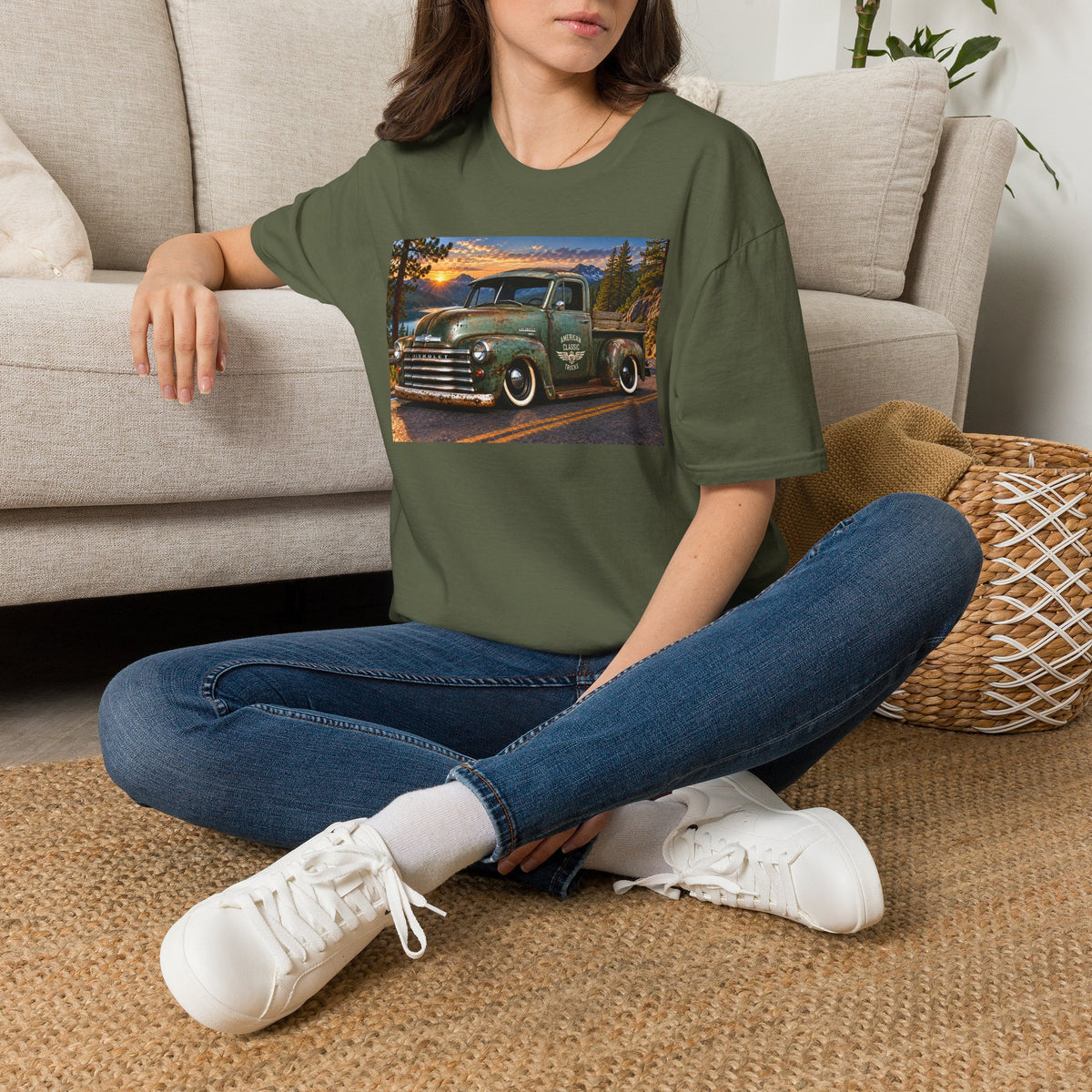 Vintage Green Pickup Truck T-Shirt — Retro Rustic Sunset Road Tee