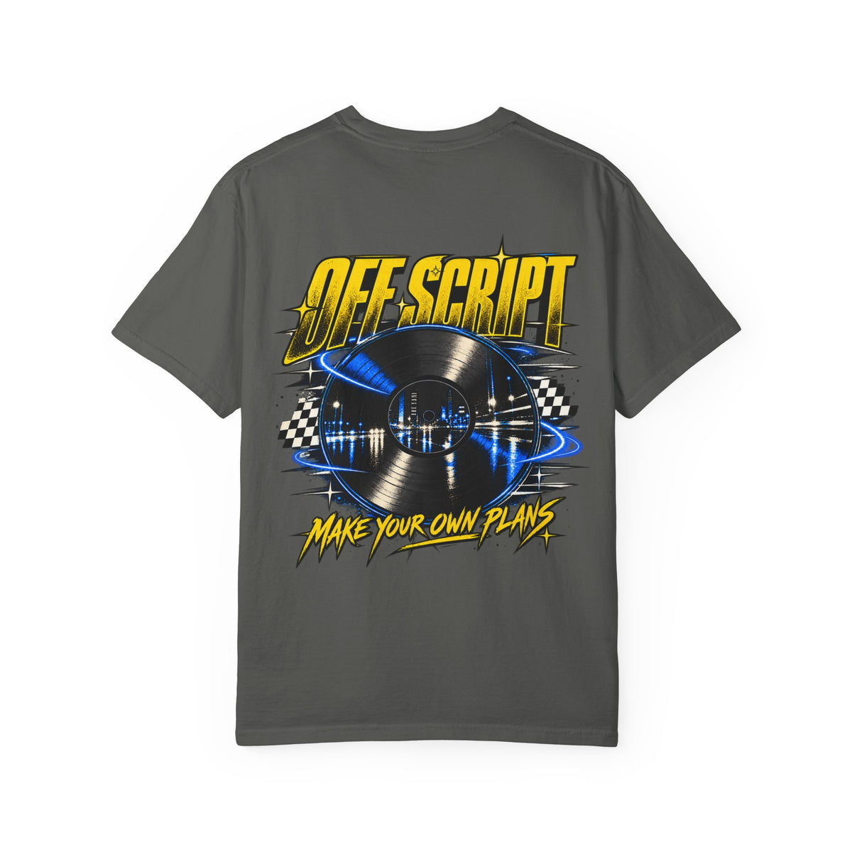 T-Shirt — Off Script Vinyl Graphic Tee: "Make Your Own Plans" Retro Racing Design