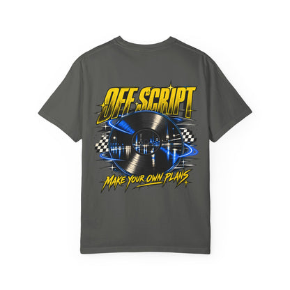 T-Shirt — Off Script Vinyl Graphic Tee: "Make Your Own Plans" Retro Racing Design