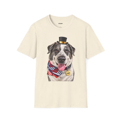 Patriotic Pup Tee — Dog with Top Hat & American Flag Bandana