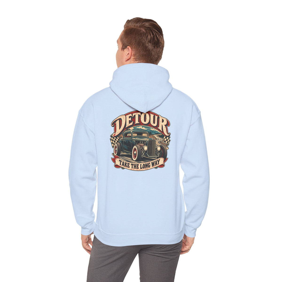 Detour Vintage Hot Rod Hoodie — "Take The Long Way" Classic Car Sweatshirt