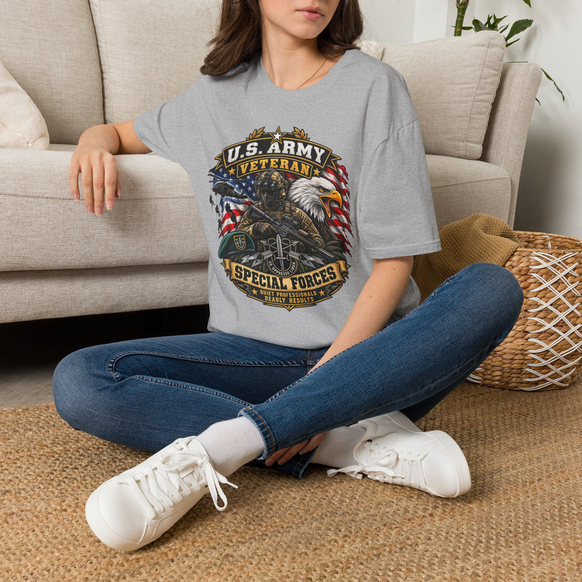 U.S. Army Veteran T-Shirt — Special Forces Eagle American Flag Design