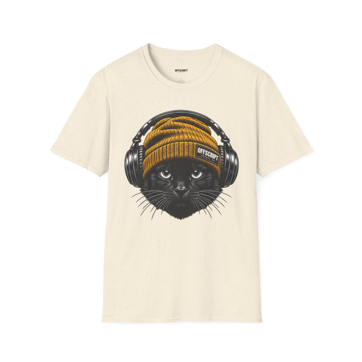 Cat Headphones T-Shirt — Cool Black Cat with Beanie & Headphones Graphic