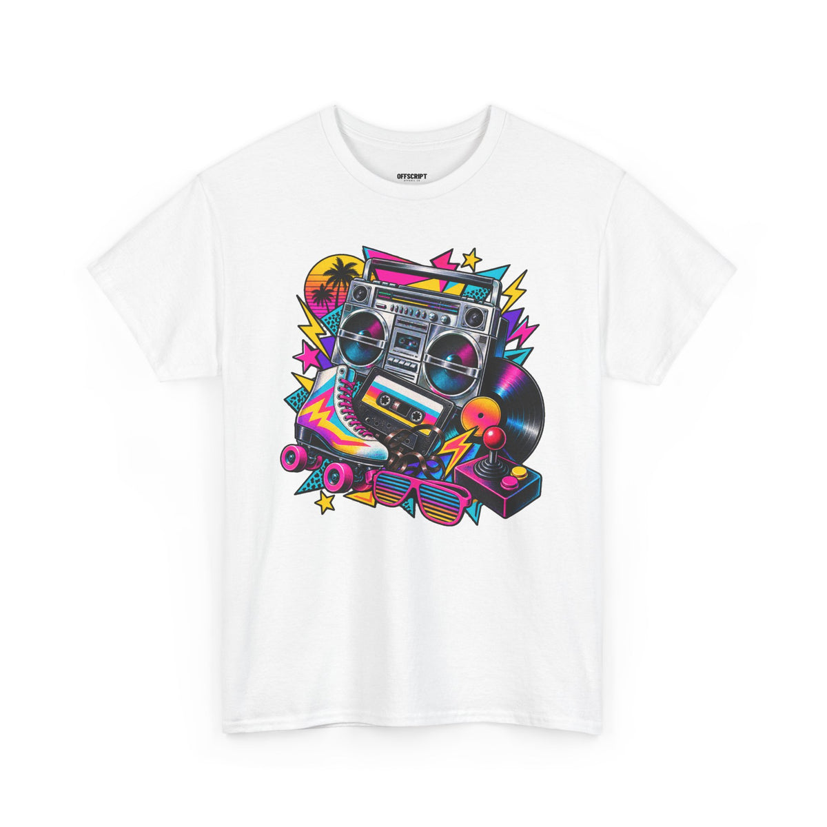 Retro Boombox Tee — 80s Neon Music Graphic T-Shirt