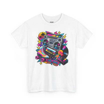 Retro Boombox Tee — 80s Neon Music Graphic T-Shirt