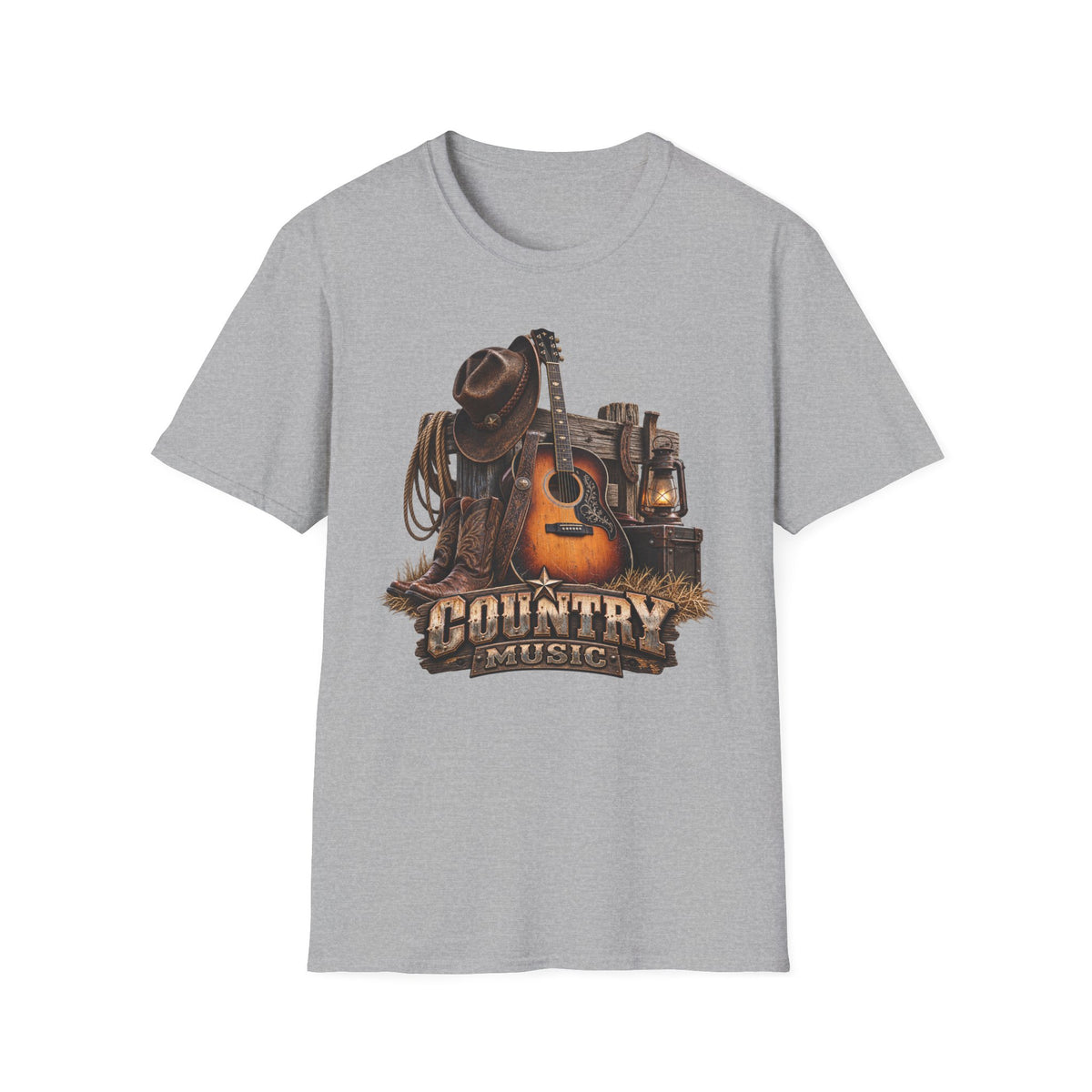 Country Music Guitar T-Shirt — Rustic Cowboy Hat & Lantern Graphic