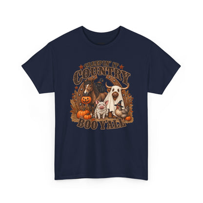 Country Halloween Tee — "Keepin' It Country Boo Y'all" Farm Animal Pumpkin T-Shirt