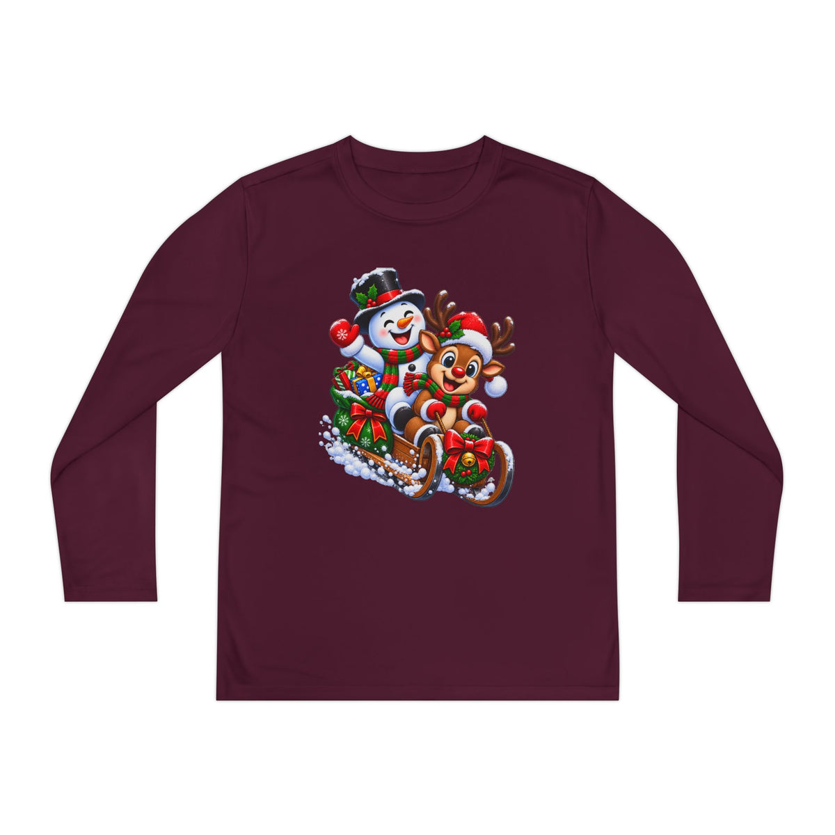 Kids' Christmas Sledding Tee — Snowman & Reindeer Holiday Long Sleeve