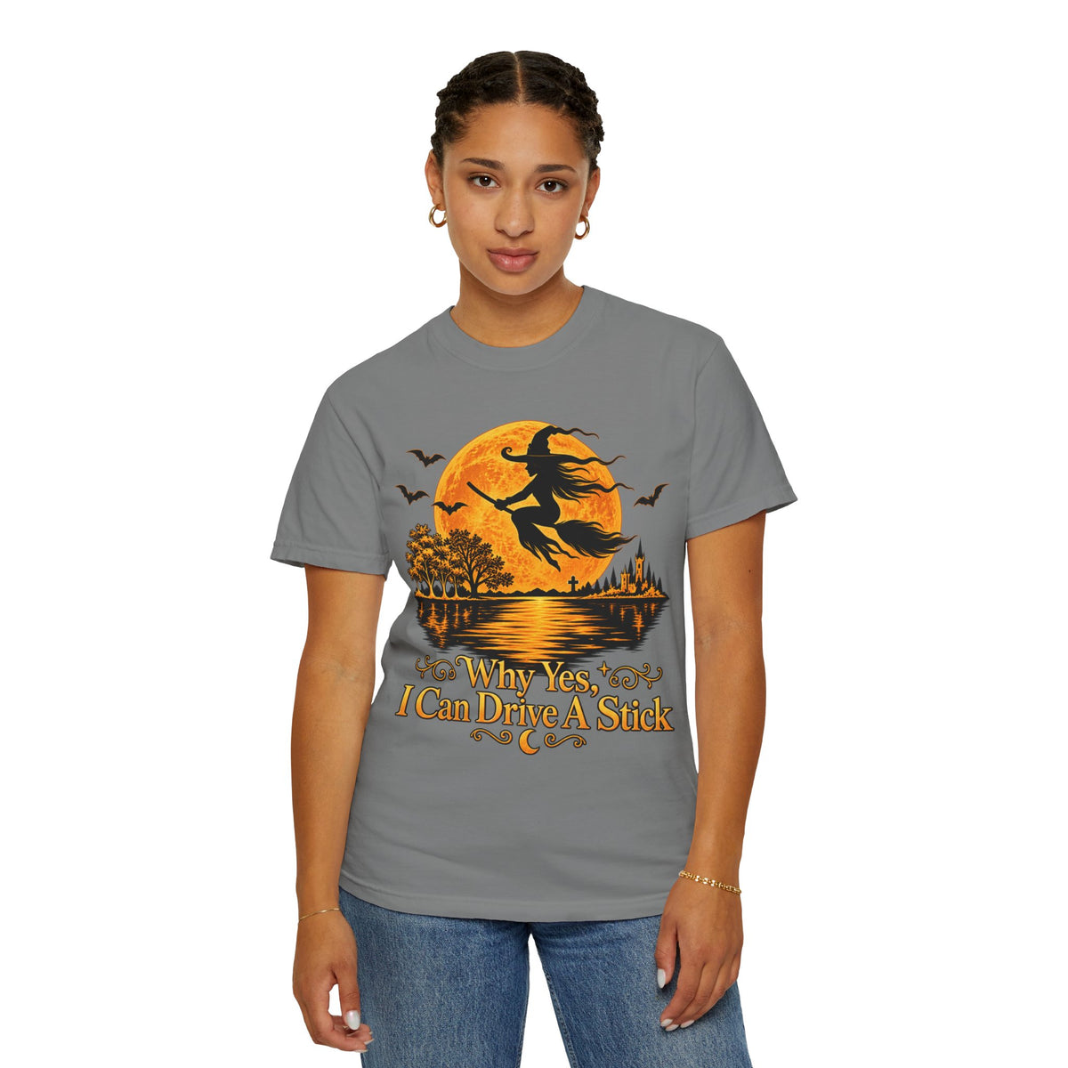 Witch Flying Over Moon T-Shirt – "Why Yes, I Can Drive A Stick" Halloween Tee