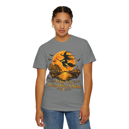 Witch Flying Over Moon T-Shirt – "Why Yes, I Can Drive A Stick" Halloween Tee