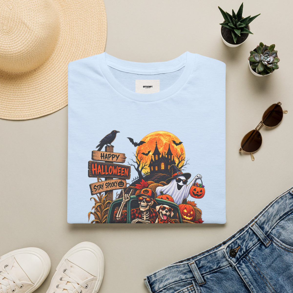 Halloween Truck Graphic T‑Shirt — Happy Halloween Ghosts & Pumpkins Design