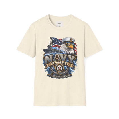 Navy Veteran Eagle T‑Shirt – Patriotic American Flag & Battleship Design