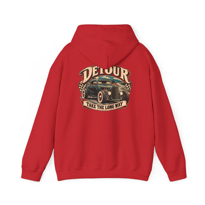 Detour Vintage Hot Rod Hoodie — "Take The Long Way" Classic Car Sweatshirt