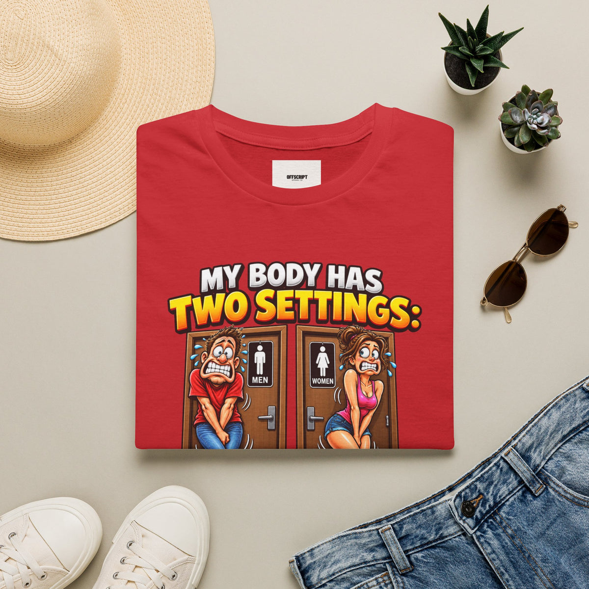 Funny T-Shirt — "My Body Has Two Settings: Need to Pee / Justpeed" Funny Bathroom Graphic Tee