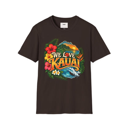 We Love Kauai T-Shirt — Hawaiian Island Sunset Floral Tee