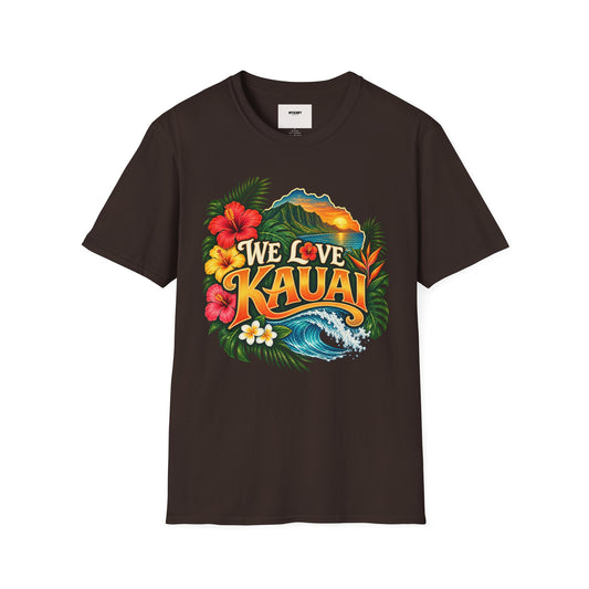 We Love Kauai T-Shirt — Hawaiian Island Sunset Floral Tee