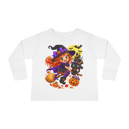Toddler Halloween Witch Long Sleeve Tee — Cute Witch & Black Cat Pumpkin Design