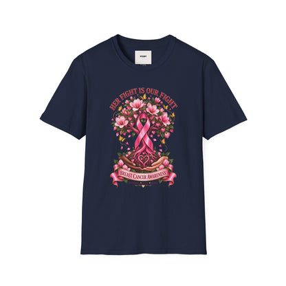 Breast Cancer Awareness T-Shirt – “Her Fight Is Our Fight” Pink Ribbon Floral Tee