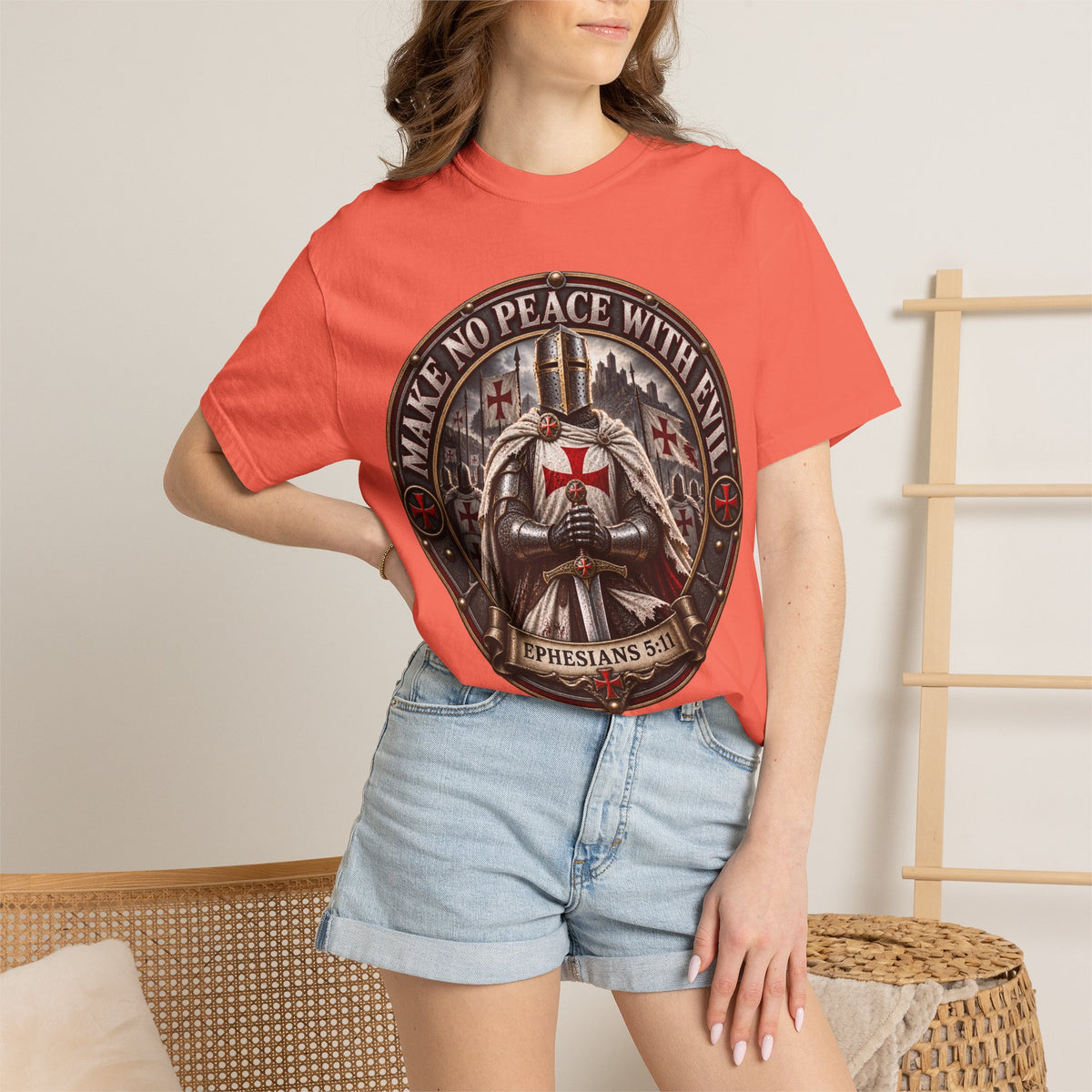 Make No Peace With Evil T-shirt | Crusader Helmet Ephesians 5:11