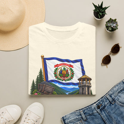 West Virginia Flag T-Shirt — State Pride Scenic Design ("Mountaineers Are Always Free")
