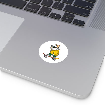 Skater Bulldog Round Sticker — Cool Frenchie on Skateboard, Indoor/Outdoor Decal