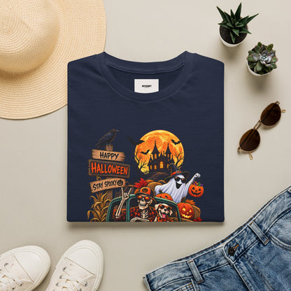 Halloween Truck Graphic T‑Shirt — Happy Halloween Ghosts & Pumpkins Design