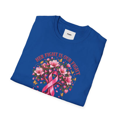 Breast Cancer Awareness T-Shirt – “Her Fight Is Our Fight” Pink Ribbon Floral Tee