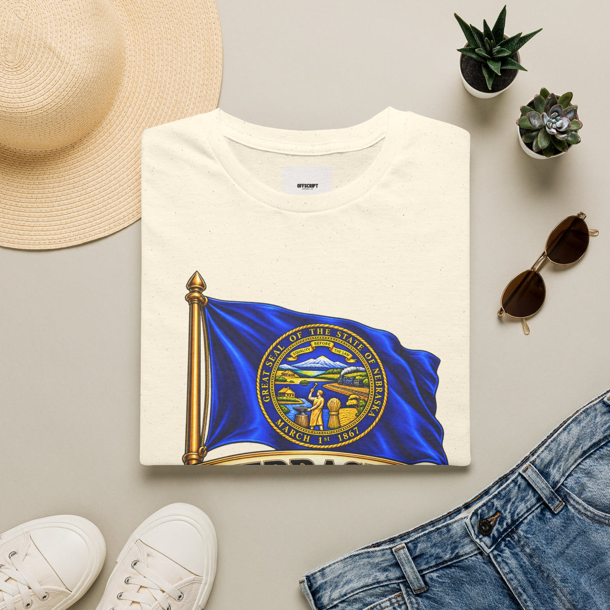 Nebraska Flag T-Shirt — State Seal ‘Nebraska: Equality Before the Law’