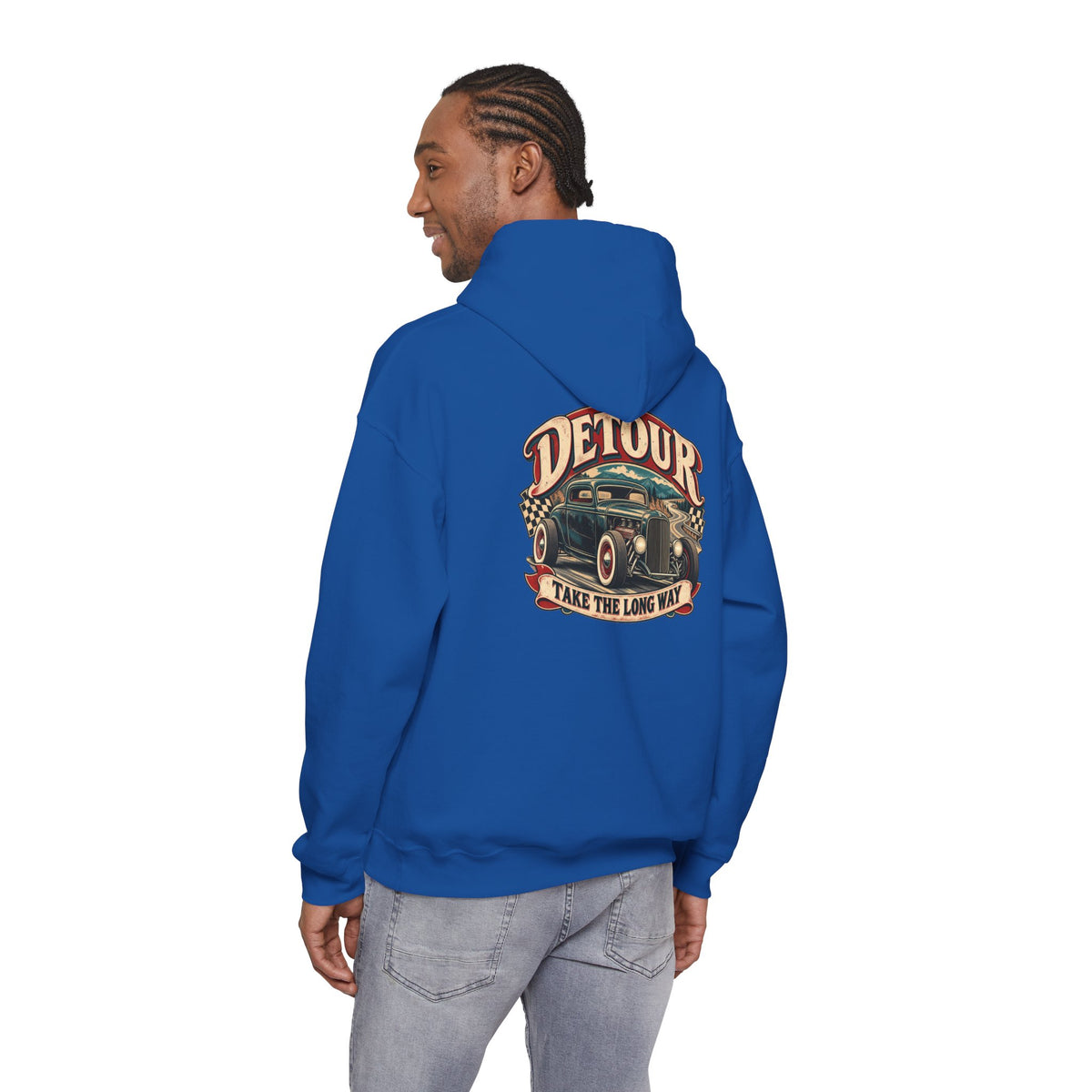 Detour Vintage Hot Rod Hoodie — "Take The Long Way" Classic Car Sweatshirt
