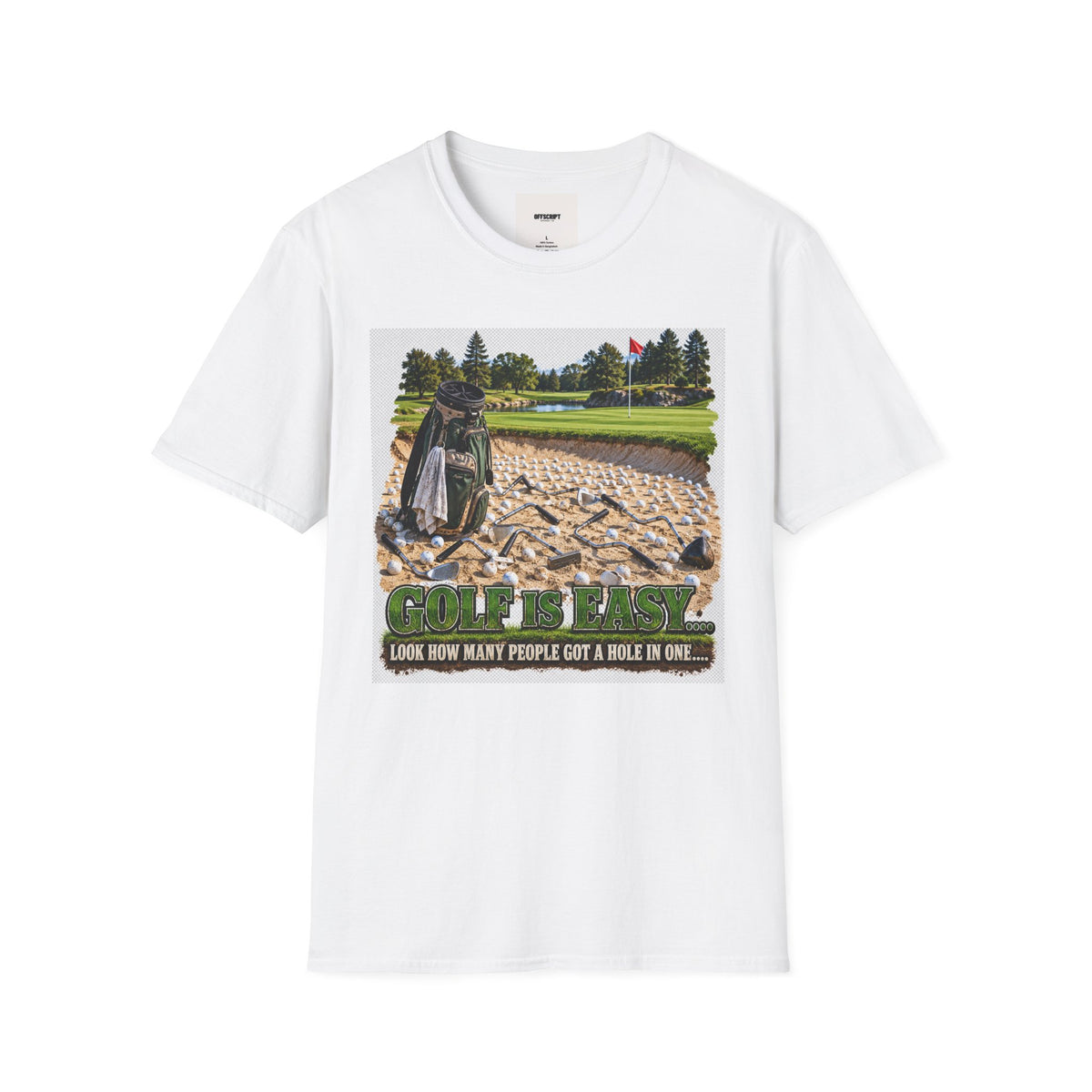 Golf Bunker Scene T-Shirt — "How Many People Live & Work In Dunes" Graphic Tee