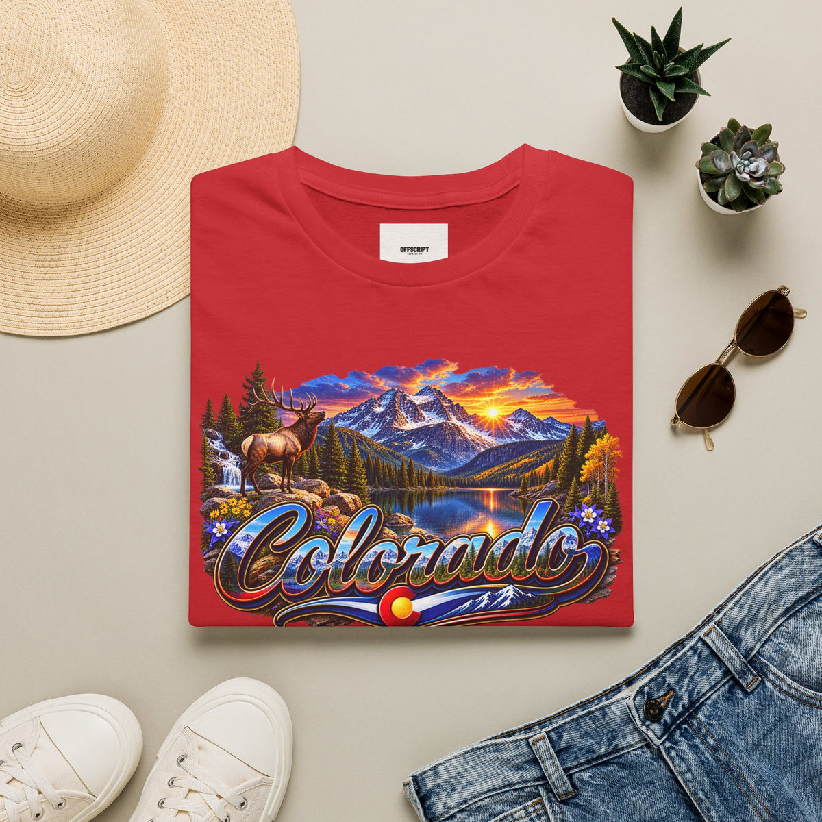 Colorado Scenic T‑Shirt — Mountain Sunset Landscape with Elk and State Script
