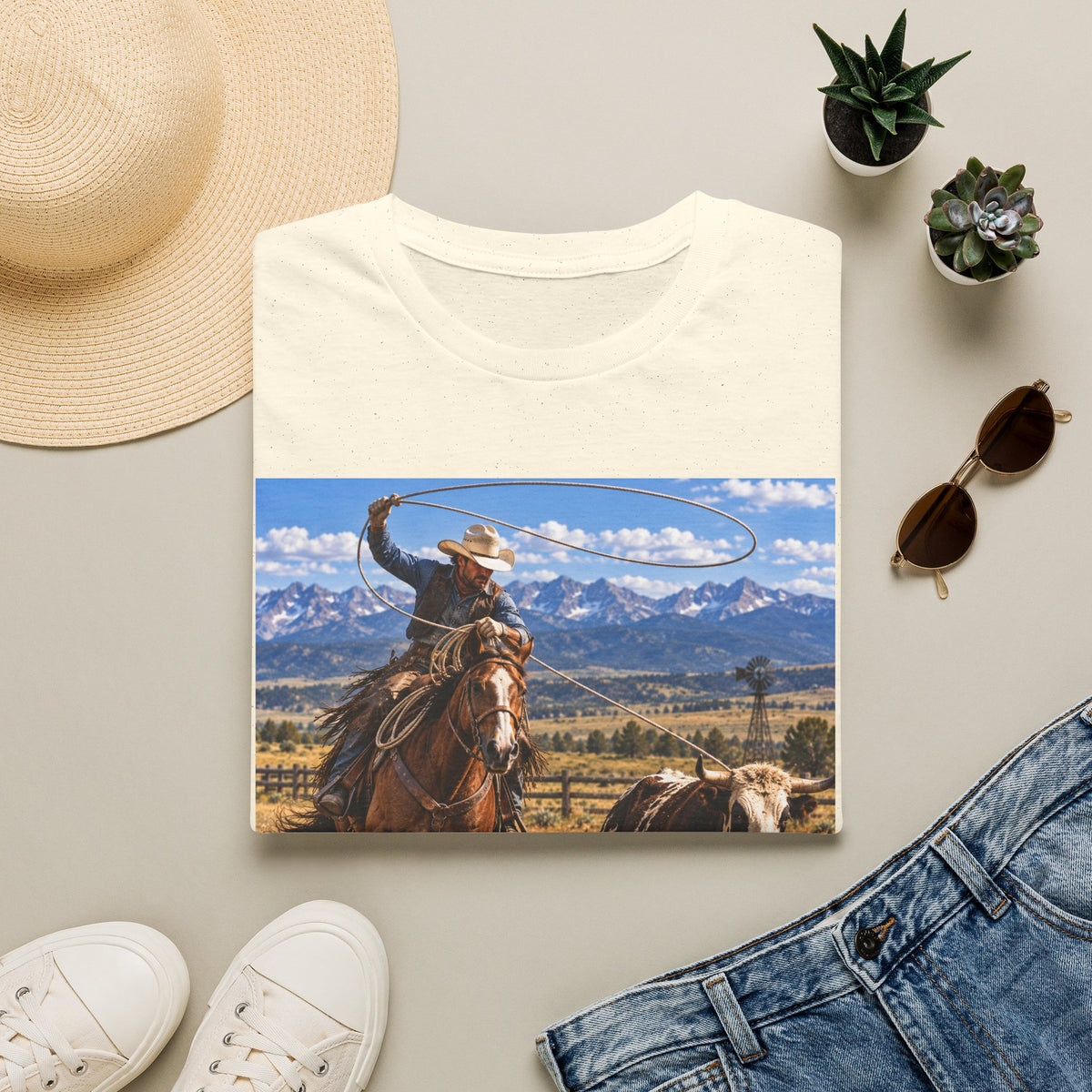Cowboy Roping Photo T-Shirt — Western Ranch Scenic Tee