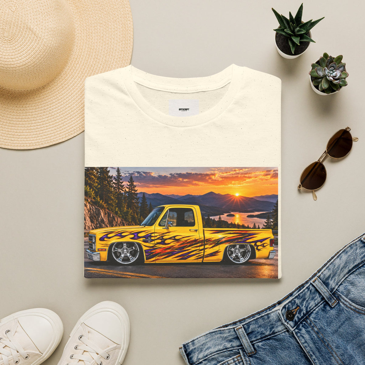 Yellow Flame Pickup T-Shirt — Sunset Classic Truck Graphic Tee