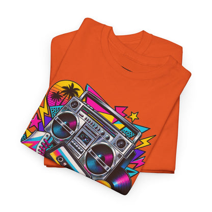 Retro Boombox Tee — 80s Neon Music Graphic T-Shirt