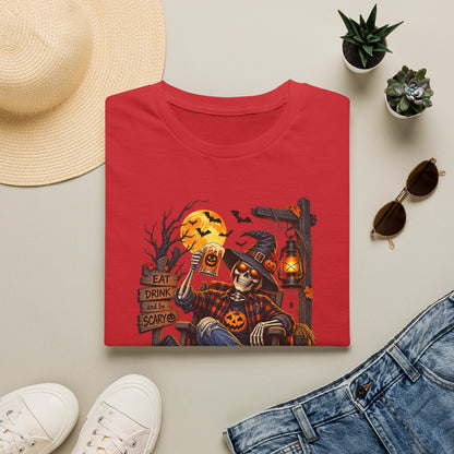 Halloween Skeleton Scarecrow T-Shirt — 'Eat Drink & Be Scary' Pumpkin Dog Tee