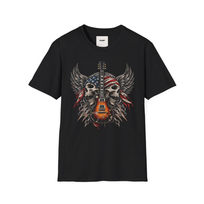 American Skull Guitar T-Shirt — Patriotic Rock Music Tee