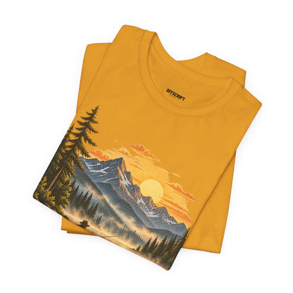 Sunset Lake Fishing T-Shirt — Mountain Boat Fishing Graphic Tee