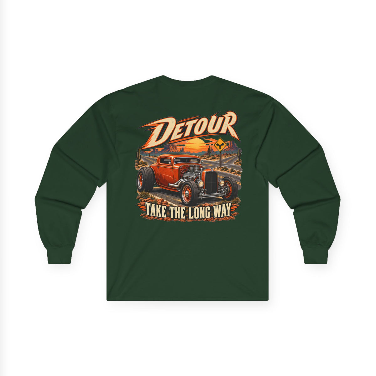 Detour Classic Car Long Sleeve Tee – 'Take The Long Way' Vintage Hot Rod Shirt